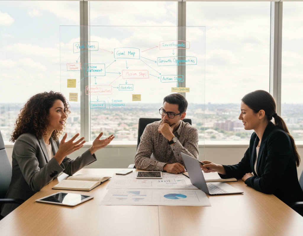 A dynamic executive coaching session taking place in a modern, well-lit office space. In the foreground, a diverse group of three professionals, two women and one man, are engaged in a deep discussion around a sleek conference table filled with notebooks, laptops, and charts. The woman on the left is passionately gesturing, while the man listens thoughtfully, creating a sense of open dialogue and collaboration. In the middle ground, a whiteboard displays colorful goal maps and feedback notes, symbolizing the coaching process and change. The background includes large windows with a cityscape view, allowing natural light to flood the room, enhancing the positive and focused atmosphere. Use a wide-angle lens to capture the entire scene with clarity and warmth.