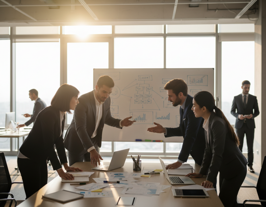A dynamic team of diverse professionals collaborating in a modern office space, showcasing a high-performance mindset. In the foreground, a mixed-gender group of four individuals, dressed in professional business attire, engaged in a brainstorming session over a large table filled with notes, laptops, and a digital tablet displaying graphics. The middle ground features a large whiteboard filled with creative ideas and strategies, while in the background, large windows let in natural light, casting a warm glow over the scene. The atmosphere is energetic and motivational, emphasizing teamwork and innovation. Use a slightly elevated angle to capture the collaborative spirit, with soft, focused lighting highlighting their expressions of determination and creativity.
