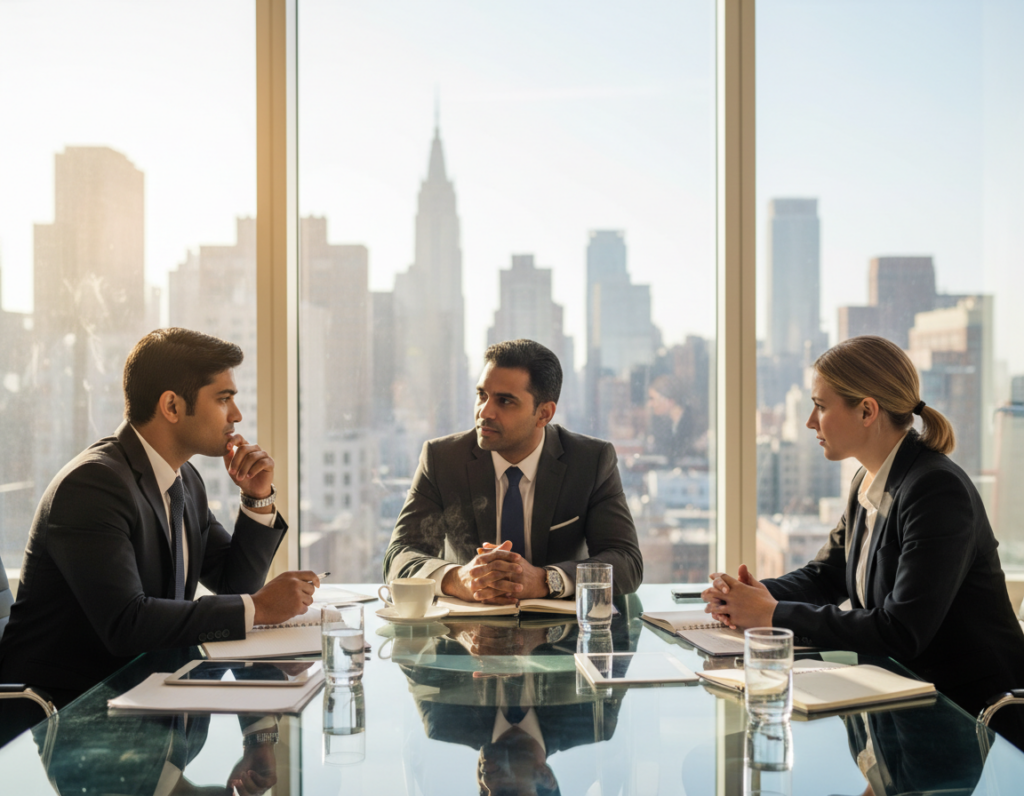 A modern executive coaching session in a bright, stylish conference room. In the foreground, a diverse group of three professionals, two men and one woman, are engaged in a discussion, dressed in sharp business attire. The middle ground features a glass table with notebooks and laptops, emphasizing collaboration and learning. In the background, large windows let in natural light, showcasing a city skyline that adds an urban touch. The lighting is warm and inviting, giving a sense of productivity and motivation. The mood is focused yet relaxed, capturing the essence of elite coaching. The scene is framed with a slight depth of field for a professional, polished look.