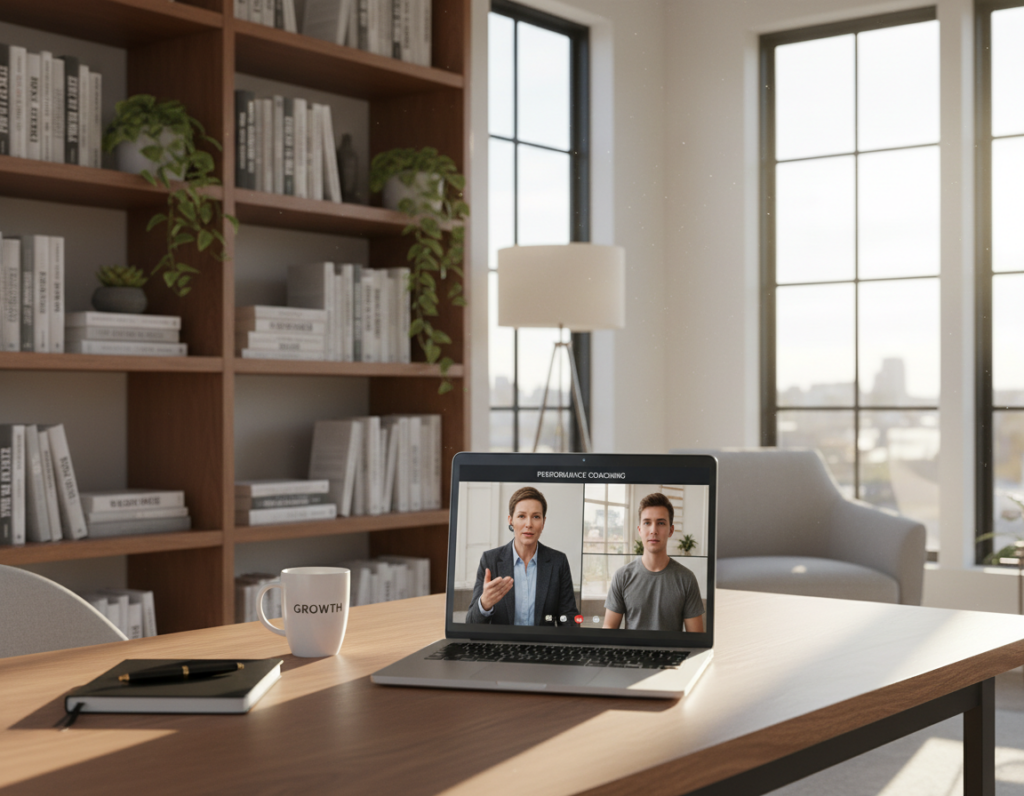 A modern executive's home office setting, featuring a professional middle-aged person in business attire engaged in a virtual coaching session via a laptop. The foreground includes a stylish desk with a laptop open on the screen, showing a coaching interface. In the middle ground, a bookshelf filled with motivational books and plants adds a touch of nature. The background is softly blurred, showing a well-lit, minimalist office with large windows letting in natural light, casting a warm glow throughout the space. The mood is focused and inspiring, emphasizing productivity and personal growth in a virtual coaching environment. The scene conveys confidence, professionalism, and the effectiveness of remote mental performance coaching. A modern executive's home office setting, featuring a professional middle-aged person in business attire engaged in a virtual coaching session via a laptop. The foreground includes a stylish desk with a laptop open on the screen, showing a coaching interface. In the middle ground, a bookshelf filled with motivational books and plants adds a touch of nature. The background is softly blurred, showing a well-lit, minimalist office with large windows letting in natural light, casting a warm glow throughout the space. The mood is focused and inspiring, emphasizing productivity and personal growth in a virtual coaching environment. The scene conveys confidence, professionalism, and the effectiveness of remote mental performance coaching.