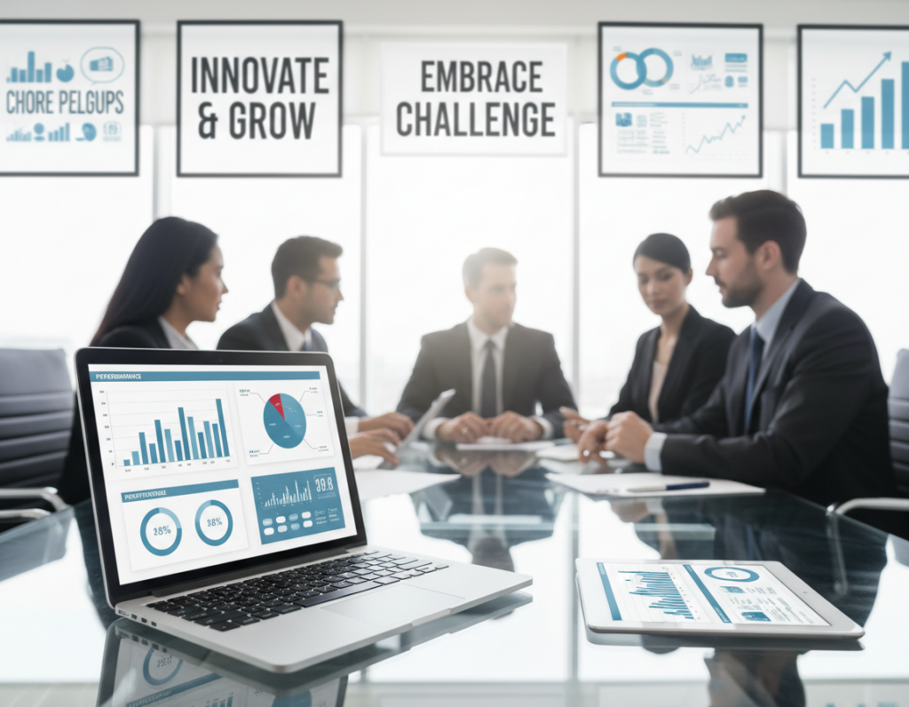 A modern office environment featuring a diverse group of professionals in business attire collaborating around a sleek, glass conference table. In the foreground, a laptop displays performance metrics and charts, while a tablet shows virtual dashboards with engaging visuals. In the background, large windows let in soft, natural light, enhancing the atmosphere of productivity and innovation. The walls are adorned with motivational quotes and charts illustrating business growth. Focus on sharp, bright lighting to highlight the tools and technology, with a subtle depth-of-field effect to emphasize the collaboration. The overall mood should be dynamic and focused, representing a high-performance business culture.