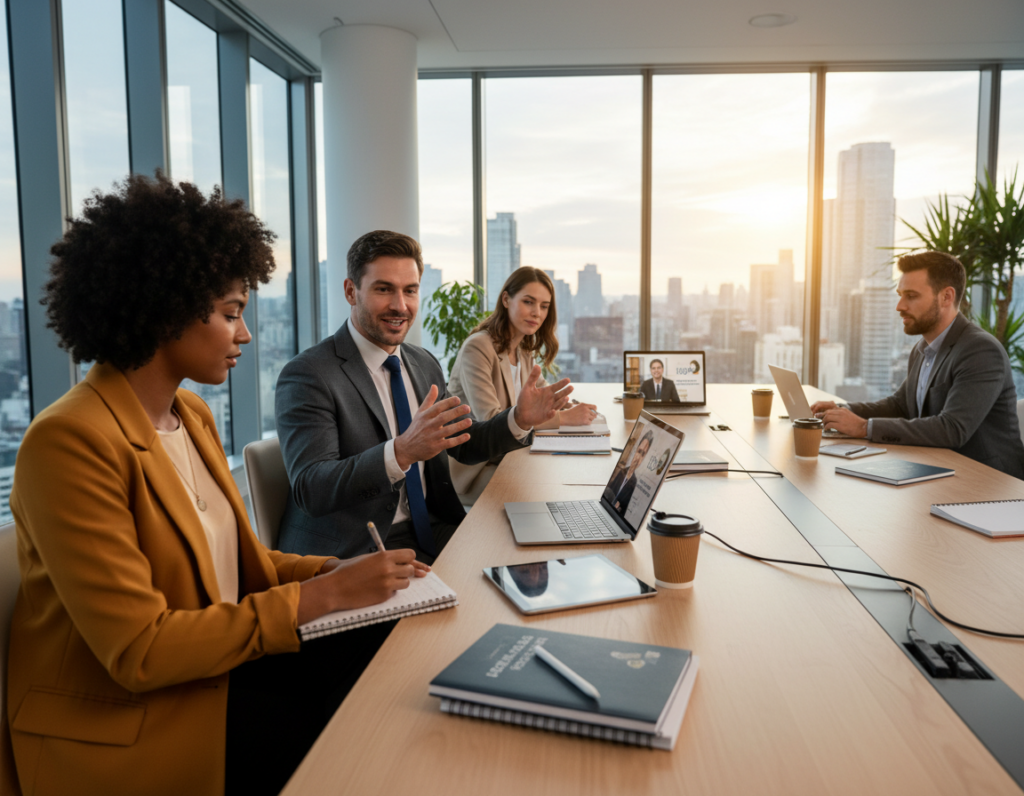 A modern office environment showcasing a diverse group of four professionals engaged in a virtual learning session. In the foreground, a woman in smart casual attire is attentively taking notes from her laptop, while a man in a business suit talks animatedly to the screen. The middle ground features a sleek conference table with tablets and notebooks scattered around, symbolizing flexible learning materials. In the background, large windows reveal a city skyline, with warm, natural lighting flooding the space, creating an inviting atmosphere. The focus is on collaboration and adaptation, capturing the essence of flexible delivery courses for corporate leadership training. The image should convey a sense of professionalism, motivation, and engagement in team-oriented learning. A modern office environment showcasing a diverse group of four professionals engaged in a virtual learning session. In the foreground, a woman in smart casual attire is attentively taking notes from her laptop, while a man in a business suit talks animatedly to the screen. The middle ground features a sleek conference table with tablets and notebooks scattered around, symbolizing flexible learning materials. In the background, large windows reveal a city skyline, with warm, natural lighting flooding the space, creating an inviting atmosphere. The focus is on collaboration and adaptation, capturing the essence of flexible delivery courses for corporate leadership training. The image should convey a sense of professionalism, motivation, and engagement in team-oriented learning.