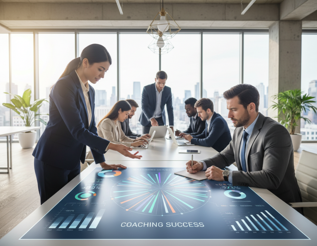 A modern office environment with a diverse group of professionals engaged in a collaborative meeting. In the foreground, a well-dressed woman points to a digital display showing colorful graphs and metrics that represent coaching success in real-time. A thoughtful male colleague, also in business attire, takes notes next to her. In the middle ground, additional team members are analyzing data on tablets and laptops, emphasizing teamwork and focus. The background features a bright, contemporary office with large windows, allowing natural light to illuminate the space and create an inspiring atmosphere. The mood is one of ambition and productivity, showcasing an environment where metrics matter and coaching is valued for enhancing performance. Use soft lighting to create an inviting yet professional ambiance. A modern office environment with a diverse group of professionals engaged in a collaborative meeting. In the foreground, a well-dressed woman points to a digital display showing colorful graphs and metrics that represent coaching success in real-time. A thoughtful male colleague, also in business attire, takes notes next to her. In the middle ground, additional team members are analyzing data on tablets and laptops, emphasizing teamwork and focus. The background features a bright, contemporary office with large windows, allowing natural light to illuminate the space and create an inspiring atmosphere. The mood is one of ambition and productivity, showcasing an environment where metrics matter and coaching is valued for enhancing performance. Use soft lighting to create an inviting yet professional ambiance.