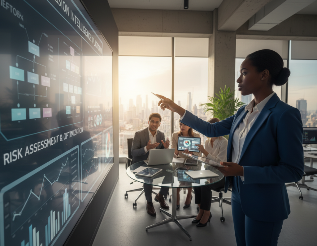 A modern office setting showcasing a diverse team of professionals analyzing a decision intelligence platform on a large digital screen. In the foreground, a focused woman in business attire is pointing at data visualizations, highlighting insights. The middle ground features a collaborative group, including a man and a woman discussing their observations, surrounded by charts and graphs displayed on sleek devices like tablets and laptops. The background displays a contemporary city skyline through large windows, with soft natural light illuminating the workspace, creating a productive and innovative atmosphere. The angle is slightly elevated to capture the engagement and teamwork, emphasizing the importance of evaluating data-driven decisions effectively. A modern office setting showcasing a diverse team of professionals analyzing a decision intelligence platform on a large digital screen. In the foreground, a focused woman in business attire is pointing at data visualizations, highlighting insights. The middle ground features a collaborative group, including a man and a woman discussing their observations, surrounded by charts and graphs displayed on sleek devices like tablets and laptops. The background displays a contemporary city skyline through large windows, with soft natural light illuminating the workspace, creating a productive and innovative atmosphere. The angle is slightly elevated to capture the engagement and teamwork, emphasizing the importance of evaluating data-driven decisions effectively.