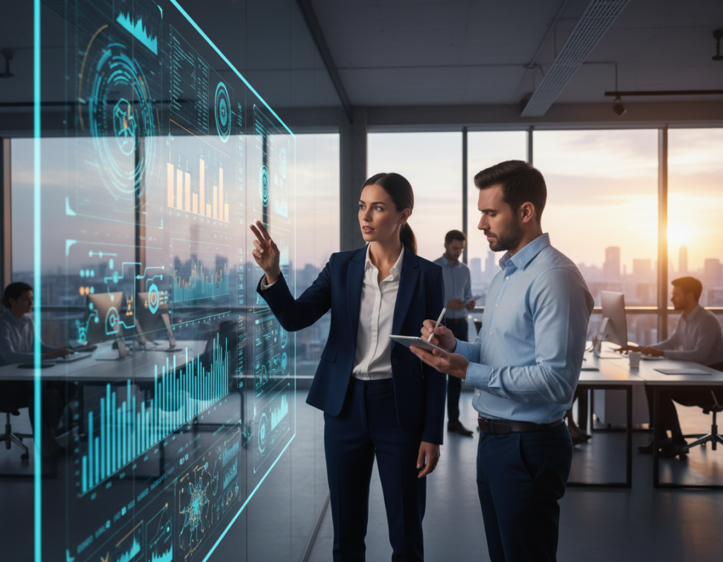 A modern office setting where a diverse team of professionals collaborates over a large digital screen displaying complex data visualizations and analytical graphs. In the foreground, a confident woman in a smart business suit points at key data points, while a man in a crisp shirt takes notes on a tablet. The middle layer features charts and algorithms flowing dynamically from the screen, symbolizing the decision-making process. The background shows a bright, spacious office with floor-to-ceiling windows, allowing natural light to fill the room, creating an inspiring atmosphere. The mood is focused and energetic, emphasizing the theme of decision intelligence. The scene is captured from a slightly elevated angle to provide depth, with soft, ambient lighting enhancing the professional environment. A modern office setting where a diverse team of professionals collaborates over a large digital screen displaying complex data visualizations and analytical graphs. In the foreground, a confident woman in a smart business suit points at key data points, while a man in a crisp shirt takes notes on a tablet. The middle layer features charts and algorithms flowing dynamically from the screen, symbolizing the decision-making process. The background shows a bright, spacious office with floor-to-ceiling windows, allowing natural light to fill the room, creating an inspiring atmosphere. The mood is focused and energetic, emphasizing the theme of decision intelligence. The scene is captured from a slightly elevated angle to provide depth, with soft, ambient lighting enhancing the professional environment.