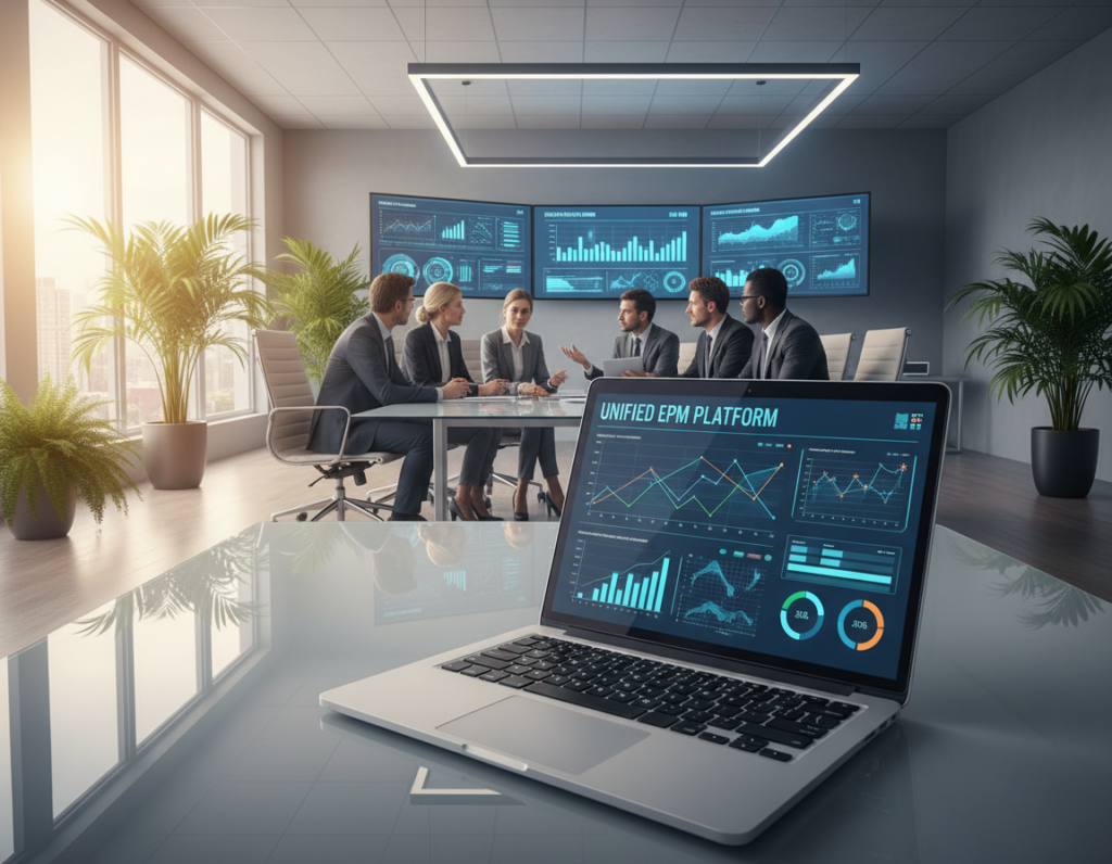 A modern workspace showcasing a unified Enterprise Performance Management (EPM) platform. In the foreground, a sleek laptop is open, displaying a sophisticated dashboard with graphs, metrics, and interactive displays. In the middle, a group of diverse professionals in business attire collaborate around a glass conference table, engaged in a discussion. The background features a futuristic office environment with large windows letting in soft natural light, plants for a touch of greenery, and high-tech screens on the walls displaying performance analytics. The mood is focused and dynamic, emphasizing teamwork and innovation, captured with a wide-angle lens to create depth. Enhance the image with realistic lighting that highlights the professionalism and collaboration.