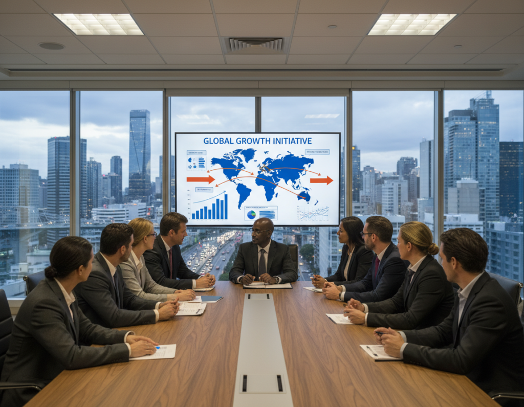 A professional business meeting room with a large, modern conference table in the foreground, surrounded by a diverse group of well-dressed individuals engaged in discussion, showcasing both strategy and collaboration. In the middle, a digital screen displays a colorful expansion plan graphic, featuring charts, maps, and arrows indicating growth and new markets. In the background, large windows overlook a bustling city skyline, symbolizing opportunity and progress. The lighting is bright and inviting, casting soft shadows for a warm atmosphere. The overall mood conveys motivation and clarity, capturing the essence of teamwork and an ambitious expansion strategy in action.