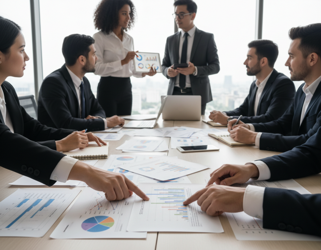 A professional team of diverse individuals in business attire collaborates actively around a large, round table covered with colorful charts, graphs, and digital devices. The foreground features close-ups of hands pointing at a strategy document, symbolizing focused implementation support. In the middle ground, two professionals engage in a dynamic discussion, with one using a tablet to showcase data analytics on screen, while another takes notes. The background shows a modern office environment with large windows letting in soft, natural light, creating a warm and welcoming atmosphere. The overall mood is collaborative and energetic, emphasizing teamwork and strategic planning. The composition is shot from a slightly elevated angle, capturing the full scope of the scene while maintaining a professional aesthetic. A professional team of diverse individuals in business attire collaborates actively around a large, round table covered with colorful charts, graphs, and digital devices. The foreground features close-ups of hands pointing at a strategy document, symbolizing focused implementation support. In the middle ground, two professionals engage in a dynamic discussion, with one using a tablet to showcase data analytics on screen, while another takes notes. The background shows a modern office environment with large windows letting in soft, natural light, creating a warm and welcoming atmosphere. The overall mood is collaborative and energetic, emphasizing teamwork and strategic planning. The composition is shot from a slightly elevated angle, capturing the full scope of the scene while maintaining a professional aesthetic.