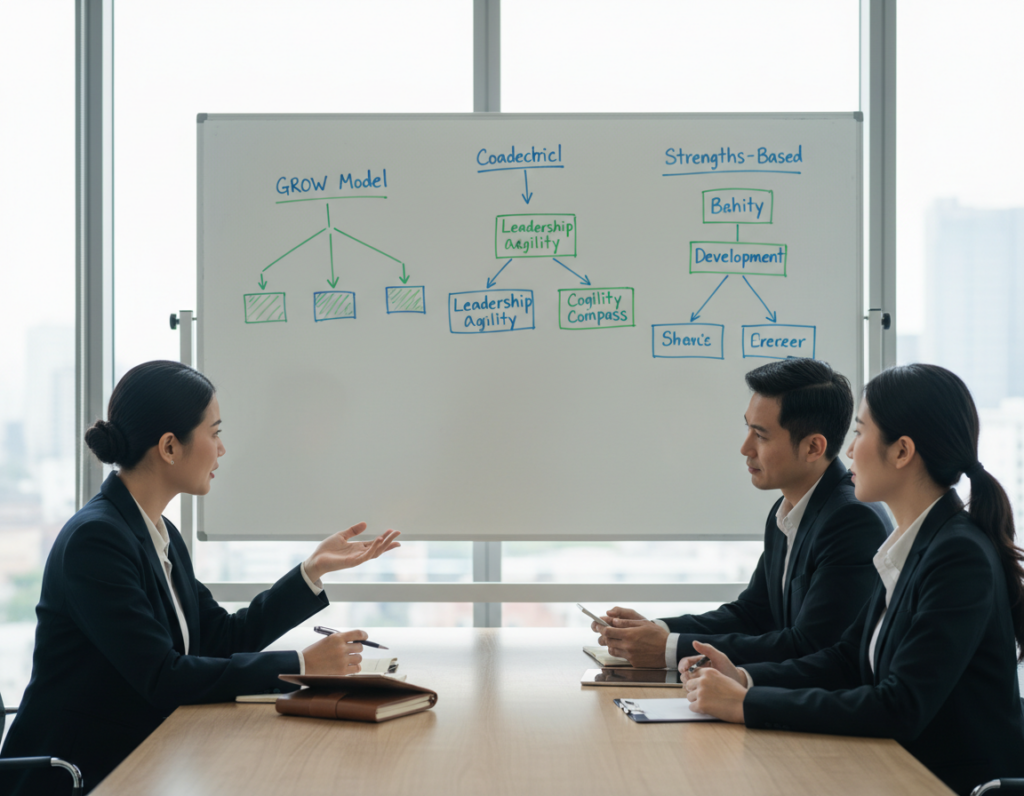 A serene executive coaching session taking place in a modern office setting. In the foreground, a diverse group of three professionals dressed in business attire are engaged in a dynamic discussion, each holding coaching tools like notebooks and mobile devices. The middle layer features a large, whiteboard filled with various coaching models and diagrams, clearly illustrated to showcase frameworks for executive development. In the background, large windows allow natural light to pour in, illuminating the space and creating a sense of openness. The color scheme is calm with blues and greens, evoking focus and motivation. The mood is collaborative and insightful, highlighting the importance of coaching in enhancing leadership capabilities.