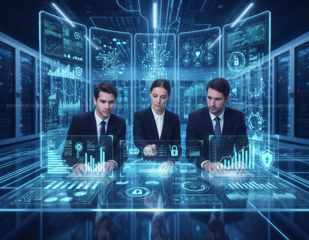 A visually engaging representation of "governance security data" in the realm of decision intelligence. In the foreground, a diverse group of three professionals in smart business attire (two men and a woman) collaborate over a holographic interface displaying data charts and security protocols. The middle ground features stylized digital screens showcasing information flows, security locks, and AI algorithms, illuminated by a soft, cool blue light. In the background, an abstract representation of a secure data center, with sleek servers and glowing connections, embodies a modern technological environment. The atmosphere is focused and innovative, highlighting the fusion of governance, security, and responsible AI, with a sense of urgency and importance, shot from a slightly elevated angle to capture the professionals’ engagement and the digital landscape.