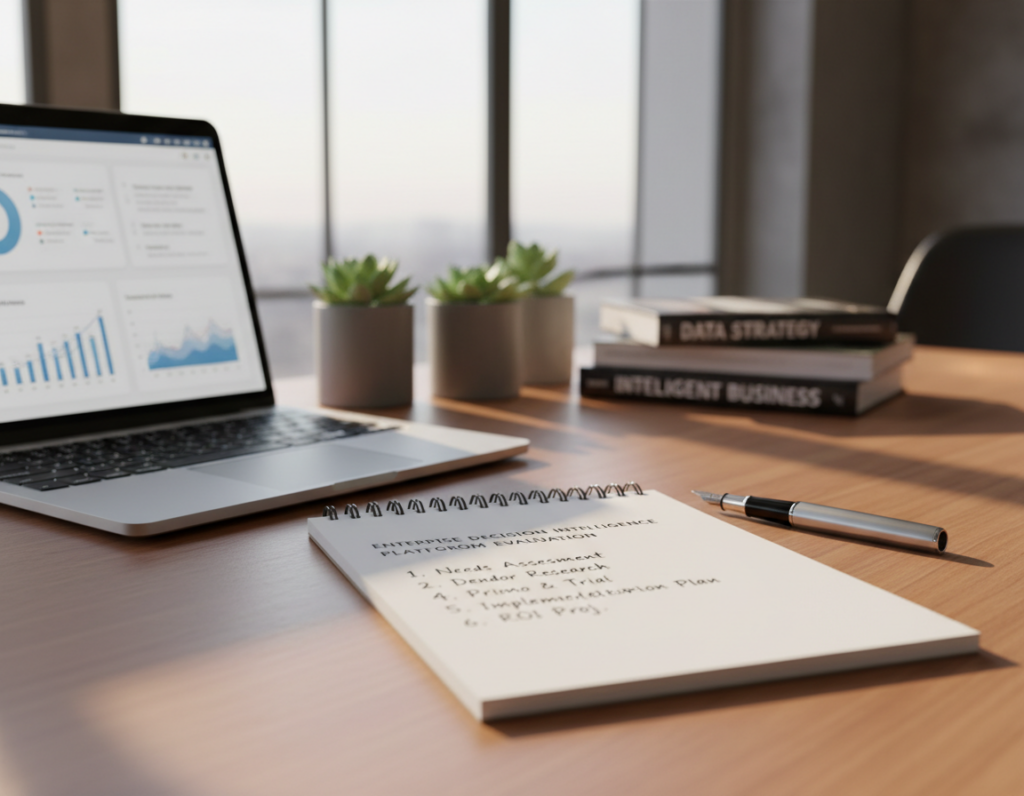A well-organized commercial buyer's checklist displayed on a sleek, modern workspace. In the foreground, a polished wooden desk features an open notebook with neatly written bullet points, a stylish pen, and a laptop displaying data analytics. The middle ground reveals a blurred view of potted plants and business books, creating a cozy yet professional atmosphere. In the background, a bright window lets in natural light, casting soft shadows across the scene. The overall mood is focused and inspirational, perfect for professionals engaged in evaluating enterprise decision intelligence platforms. Capture this in high resolution with warm lighting to enhance the inviting, productive environment.