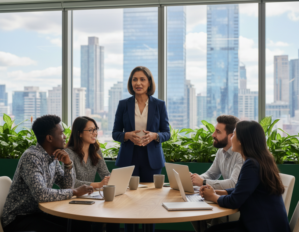 A confident business leader, a middle-aged South Asian woman in a professional blazer, stands in the foreground of a modern office with large windows overlooking a city skyline. She is engaged in a meaningful conversation with a diverse group of employees, who appear attentive and inspired, showcasing the power of emotional intelligence in leadership. The middle ground features a round table with a few laptops and coffee cups, while the background reveals an inviting workspace filled with greenery and natural light, creating a warm and collaborative atmosphere. Soft, diffused lighting accentuates the expressions of connection and empathy among the individuals. The overall mood is uplifting and motivational, emphasizing the strategic advantage of emotional intelligence in career advancement. A confident business leader, a middle-aged South Asian woman in a professional blazer, stands in the foreground of a modern office with large windows overlooking a city skyline. She is engaged in a meaningful conversation with a diverse group of employees, who appear attentive and inspired, showcasing the power of emotional intelligence in leadership. The middle ground features a round table with a few laptops and coffee cups, while the background reveals an inviting workspace filled with greenery and natural light, creating a warm and collaborative atmosphere. Soft, diffused lighting accentuates the expressions of connection and empathy among the individuals. The overall mood is uplifting and motivational, emphasizing the strategic advantage of emotional intelligence in career advancement.