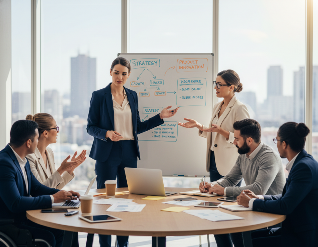 A diverse group of professional individuals engaged in a collaborative brainstorming session in a modern office environment. In the foreground, a confident woman in a tailored suit gestures toward a whiteboard filled with charts and ideas, conveying a sense of leadership. To her right, a thoughtful man in smart casual attire notes down suggestions, while a woman with glasses, dressed in business wear, enthusiastically shares her insights. In the middle ground, a round conference table surrounded by various documents and digital devices reflects a dynamic exchange of ideas. The background features large windows with natural light streaming in, illuminating the scene with a warm and inviting atmosphere. The overall mood is focused and energetic, emphasizing teamwork and determination in overcoming obstacles. A diverse group of professional individuals engaged in a collaborative brainstorming session in a modern office environment. In the foreground, a confident woman in a tailored suit gestures toward a whiteboard filled with charts and ideas, conveying a sense of leadership. To her right, a thoughtful man in smart casual attire notes down suggestions, while a woman with glasses, dressed in business wear, enthusiastically shares her insights. In the middle ground, a round conference table surrounded by various documents and digital devices reflects a dynamic exchange of ideas. The background features large windows with natural light streaming in, illuminating the scene with a warm and inviting atmosphere. The overall mood is focused and energetic, emphasizing teamwork and determination in overcoming obstacles.