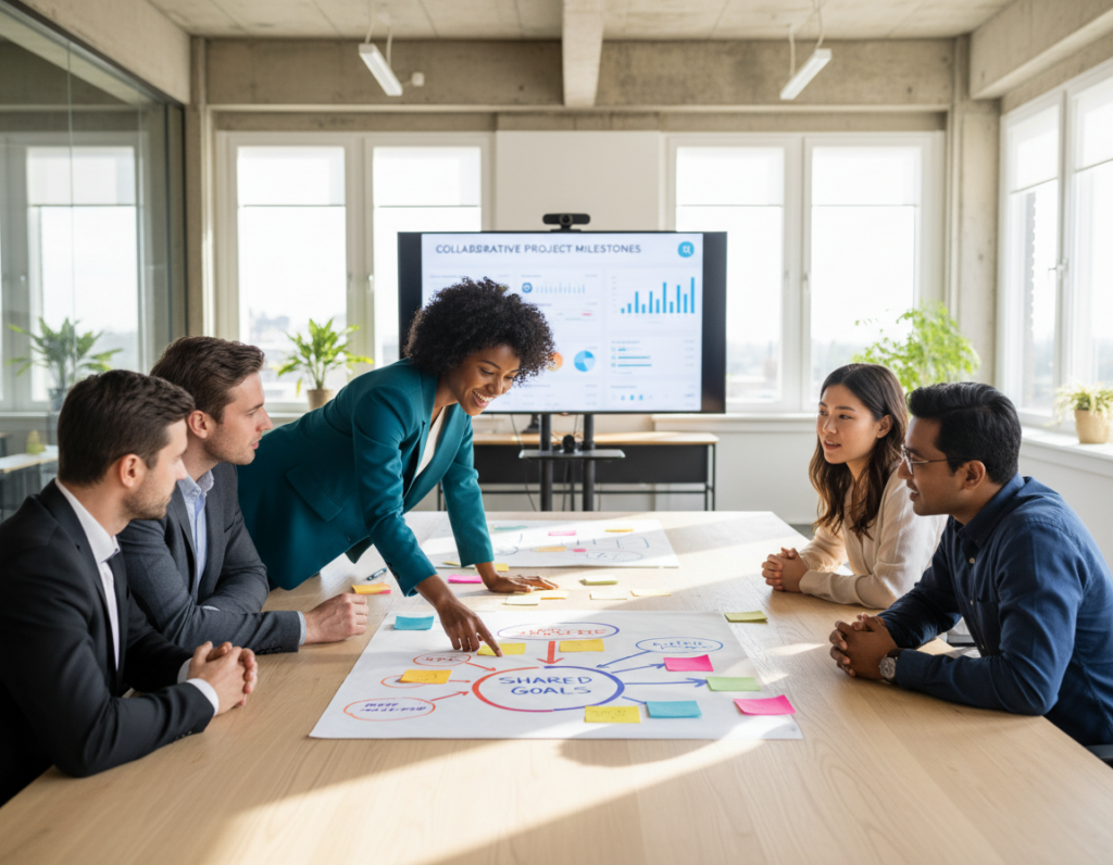 A diverse group of professionals, including men and women of various ethnicities, brainstorming around a large table covered with colorful sticky notes and diagrams. In the foreground, one person enthusiastically points to a vibrant flowchart on the table, symbolizing shared goals, while others lean in attentively. The middle ground features a digital screen displaying collaborative project milestones. The background shows a bright, open office space with large windows, allowing natural light to stream in, creating an inspiring atmosphere. Soft shadows add depth to the scene, emphasizing teamwork and collaboration. The angle captures the energy and engagement of the group, fostering a sense of unity and purpose in their mission. A diverse group of professionals, including men and women of various ethnicities, brainstorming around a large table covered with colorful sticky notes and diagrams. In the foreground, one person enthusiastically points to a vibrant flowchart on the table, symbolizing shared goals, while others lean in attentively. The middle ground features a digital screen displaying collaborative project milestones. The background shows a bright, open office space with large windows, allowing natural light to stream in, creating an inspiring atmosphere. Soft shadows add depth to the scene, emphasizing teamwork and collaboration. The angle captures the energy and engagement of the group, fostering a sense of unity and purpose in their mission.