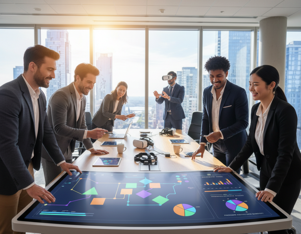 A dynamic and engaging office environment showcasing cognitive flexibility through gamification. In the foreground, a diverse group of professionals in smart casual attire is gathered around a large digital screen displaying colorful, interactive game elements and charts illustrating skill assessments. In the middle, a stylish conference table is cluttered with tablets and virtual reality headsets, symbolizing innovative training methods. The background features large windows with a bright, urban skyline, allowing natural light to flood the room, creating a vibrant atmosphere. Lens flare effects accentuate the optimism and creativity within the space. Capture a sense of collaboration and adaptability, conveying the importance of evolving skills in a modern workplace. A dynamic and engaging office environment showcasing cognitive flexibility through gamification. In the foreground, a diverse group of professionals in smart casual attire is gathered around a large digital screen displaying colorful, interactive game elements and charts illustrating skill assessments. In the middle, a stylish conference table is cluttered with tablets and virtual reality headsets, symbolizing innovative training methods. The background features large windows with a bright, urban skyline, allowing natural light to flood the room, creating a vibrant atmosphere. Lens flare effects accentuate the optimism and creativity within the space. Capture a sense of collaboration and adaptability, conveying the importance of evolving skills in a modern workplace.