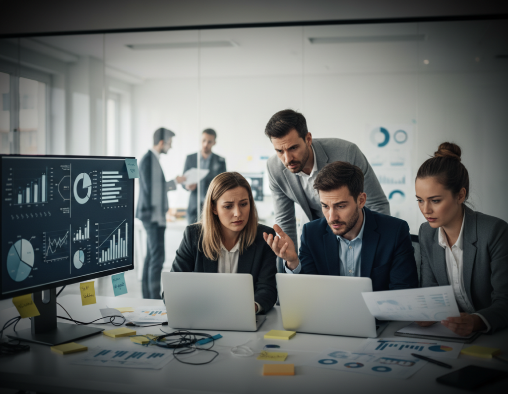 A modern office environment filled with professionals analyzing data on large screens. In the foreground, a diverse group of three individuals, dressed in smart casual attire, appears perplexed as they review various data charts and graphs displayed on their laptops. In the middle ground, several digital screens showcase fragmented data visuals, representing data silos, while sticky notes and paper clutter indicate confusion and disorganization. The background features a sleek glass wall with silhouettes of brainstorming team members, subtly illustrating collaboration challenges. Soft, ambient lighting enhances the serious atmosphere, while a slight vignette draws attention to the central group, conveying a feeling of frustration and urgency regarding data visibility. The composition captures the essence of common challenges hindering effective data utilization in organizations.