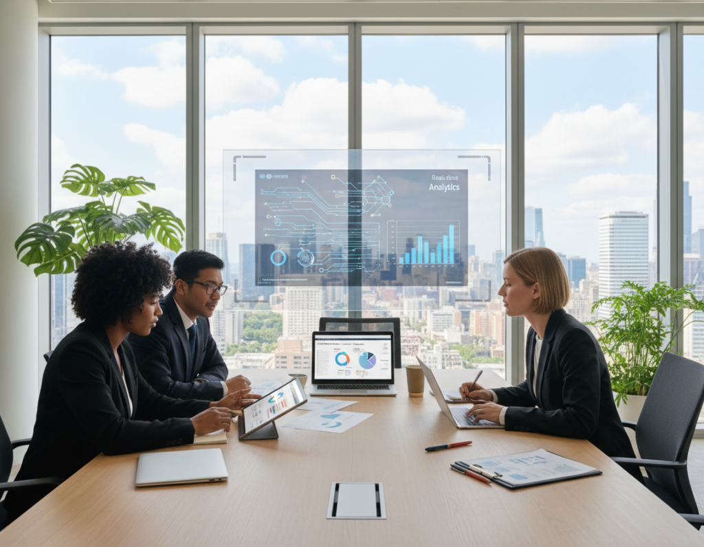 A modern office environment showcasing the concept of performance management. In the foreground, a diverse group of professionals—two women and one man—dressed in smart business attire, gather around a digital tablet displaying performance metrics. The middle ground features a sleek conference table with laptops, documents, and a large screen illustrating data analytics. The background includes a glass wall with a cityscape view, letting in natural light, and greenery that adds a calming touch to the atmosphere. The overall mood is one of collaboration and innovation, emphasizing technological integration in the workplace. The lighting is bright and inviting, creating an atmosphere of productivity and focus. The camera angle is slightly elevated, capturing the environment from above eye level, giving a comprehensive view of the team dynamics. A modern office environment showcasing the concept of performance management. In the foreground, a diverse group of professionals—two women and one man—dressed in smart business attire, gather around a digital tablet displaying performance metrics. The middle ground features a sleek conference table with laptops, documents, and a large screen illustrating data analytics. The background includes a glass wall with a cityscape view, letting in natural light, and greenery that adds a calming touch to the atmosphere. The overall mood is one of collaboration and innovation, emphasizing technological integration in the workplace. The lighting is bright and inviting, creating an atmosphere of productivity and focus. The camera angle is slightly elevated, capturing the environment from above eye level, giving a comprehensive view of the team dynamics.