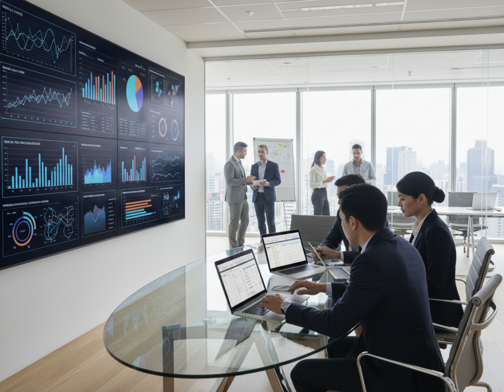 A modern office space featuring a professional team engaged in a consistent data collection process. In the foreground, a diverse group of three individuals in business attire are gathered around a sleek conference table, analyzing data on laptops and tablets. The middle layer showcases a large digital display board filled with colorful graphs and metrics, illustrating effective tracking. In the background, glass-paneled offices reflect a dynamic workspace with team members collaborating. Soft, natural lighting filters through large windows, creating an inviting atmosphere. The angle is slightly elevated, providing a comprehensive view of the scene while maintaining a focus on the teamwork and technology being utilized.