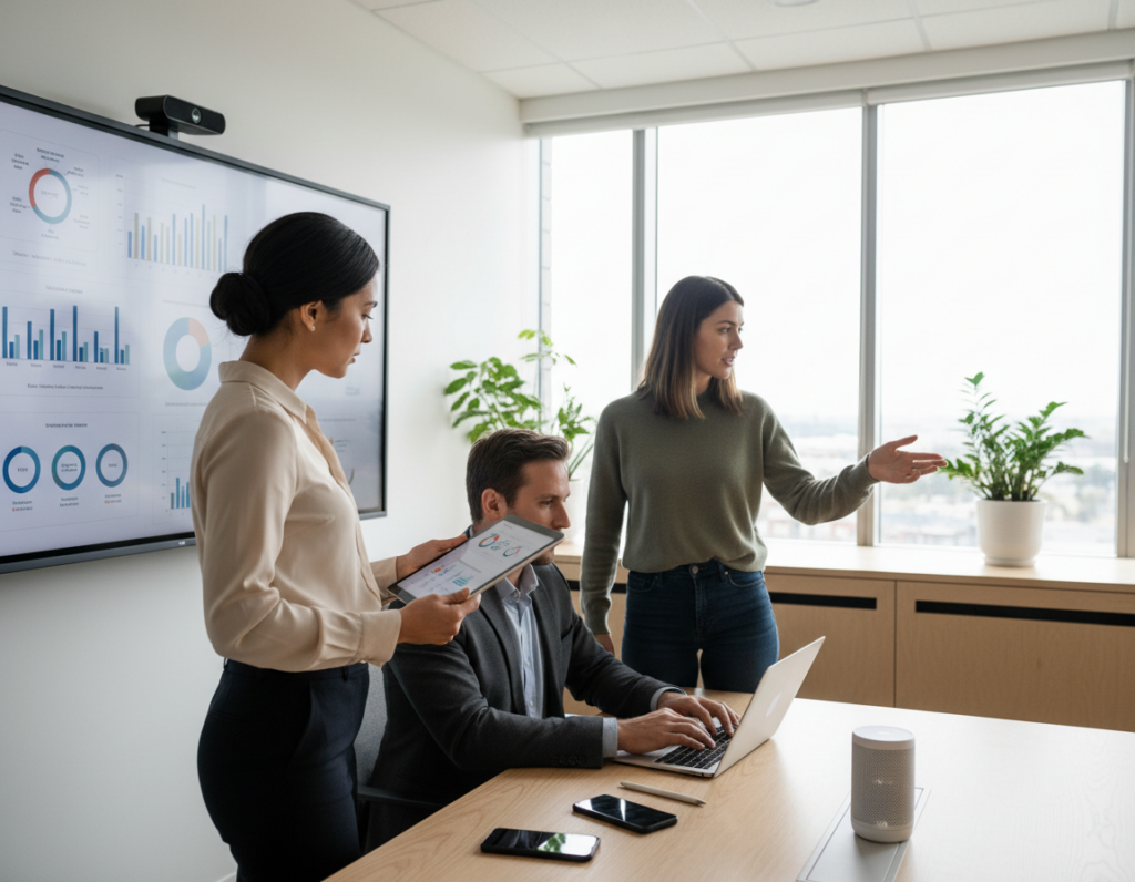 A modern office workspace featuring a diverse group of three professionals collaborating seamlessly. In the foreground, a woman in a tailored blouse intently examines a digital tablet, while a man in a blazer types on a sleek laptop. A second woman, in smart casual attire, gestures towards a large screen displaying vibrant data visualizations. The middle ground includes tech devices like smartphones, smartboards, and wireless speakers, all emanating a sense of advanced integration into their workflow. The background reflects a bright, minimalist office space with large windows allowing natural light to pour in, creating a warm and inviting atmosphere. The scene conveys a productive, innovative mood, emphasizing the harmonious blend of technology and teamwork in a professional setting.
