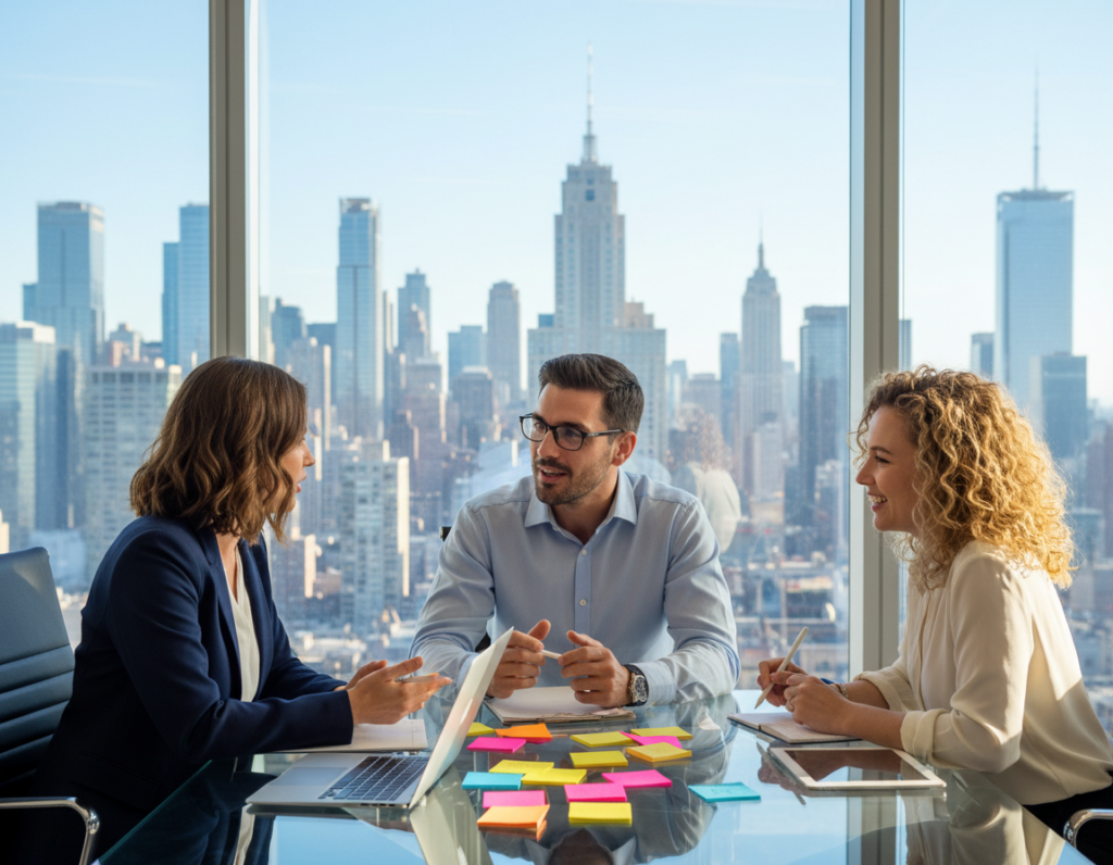 A professional brainstorming session in a sleek, modern office environment. In the foreground, a diverse group of three individuals—two women and one man—are engaged in a lively discussion at a glass conference table, surrounded by colorful sticky notes and digital devices. The woman on the left has shoulder-length brown hair, wearing a tailored navy blazer, while the man in the center sports a light blue dress shirt and glasses, animatedly sharing ideas. In the background, a large window offers a panoramic view of a city skyline under bright morning sunlight. The atmosphere is dynamic and collaborative, infused with a sense of innovation and creativity. Use soft lighting to highlight their expressions and the vibrant colors of the sticky notes. Capture a wide-angle view to emphasize the collaborative space.