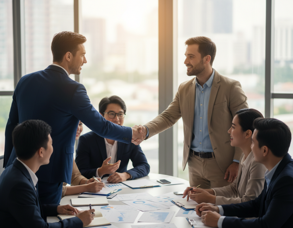 A professional business setting showcasing a diverse group of individuals engaged in a collaborative discussion to symbolize trust. In the foreground, depict two people shaking hands, one in a navy suit and the other in smart casual attire, both smiling with mutual respect. In the middle ground, include a round table with charts and documents, surrounded by attentive colleagues of various ethnic backgrounds, showing active listening and engagement. The background should feature a bright, spacious office with large windows letting in warm, natural light, creating an inviting atmosphere. Capture a soft depth of field to emphasize the handshake and faces, while using a slightly elevated camera angle for a dynamic perspective. The overall mood should convey optimism, cooperation, and a strong sense of community.