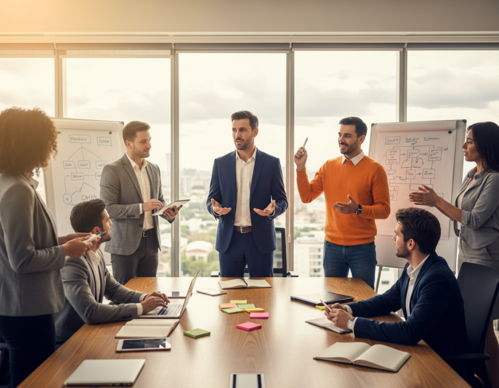 A professional leader stands confidently in a modern office environment, showcasing situational adaptability. In the foreground, the leader, dressed in smart business attire, actively gestures and engages with a diverse team of professionals, each representing different styles of communication. In the middle ground, a dynamic brainstorming session unfolds, with team members collaboratively discussing ideas around a large table filled with notes and digital devices. The background features large windows that let in soft, natural light, illuminating the room and creating an inviting atmosphere. The overall mood is focused and collaborative, with a sense of purpose. Use a wide-angle lens to capture both the leader and the team's interactions, emphasizing the importance of adaptability in leadership. A professional leader stands confidently in a modern office environment, showcasing situational adaptability. In the foreground, the leader, dressed in smart business attire, actively gestures and engages with a diverse team of professionals, each representing different styles of communication. In the middle ground, a dynamic brainstorming session unfolds, with team members collaboratively discussing ideas around a large table filled with notes and digital devices. The background features large windows that let in soft, natural light, illuminating the room and creating an inviting atmosphere. The overall mood is focused and collaborative, with a sense of purpose. Use a wide-angle lens to capture both the leader and the team's interactions, emphasizing the importance of adaptability in leadership.