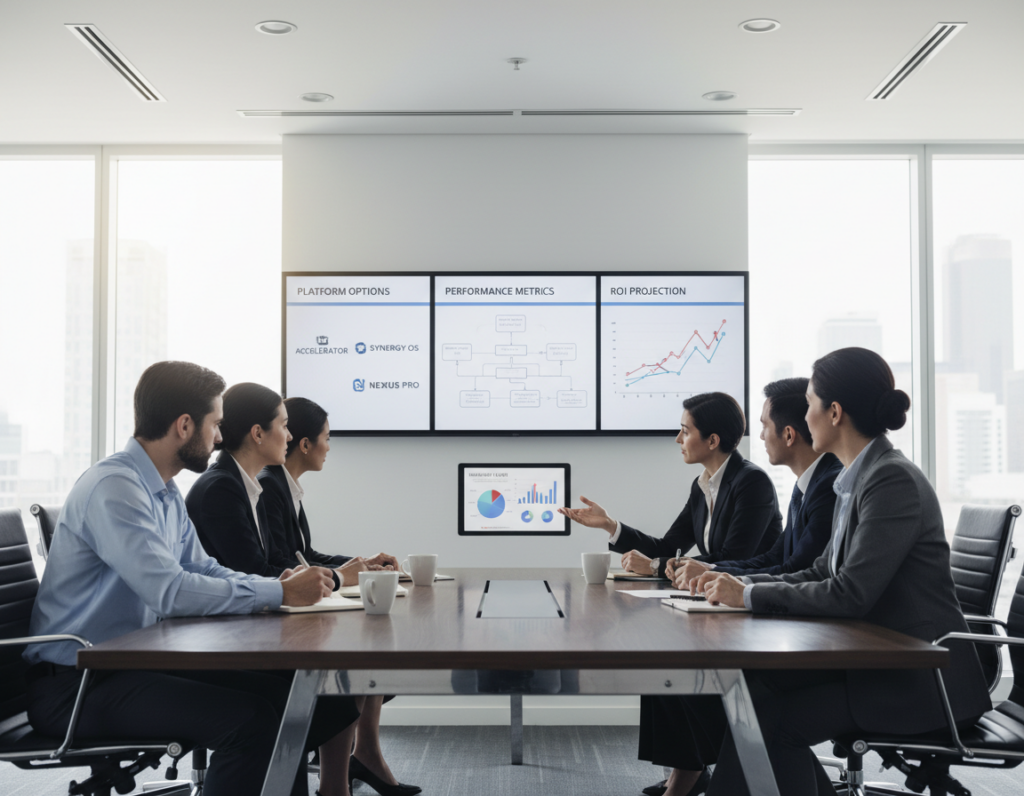 A professional setting depicting a diverse group of business individuals gathered around a sleek, modern conference table, engaging in a discussion about selecting the right business platform. In the foreground, a middle-aged woman in a tailored suit points at a tablet displaying analytics, while a young man in business casual attire takes notes. In the middle ground, a large screen shows various platform options and analytics charts, creating a visual focus. The background features glass walls that allow natural light to flood in, enhancing the bright, collaborative atmosphere. The lighting is soft yet well-defined, creating a professional vibe. The overall mood is one of focused decision-making and teamwork, emphasizing the importance of selection in business strategy.