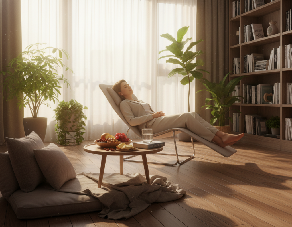 A serene and inviting workspace featuring a cozy reading nook in the foreground, with a neatly arranged desk showcasing a balanced meal of nuts, fruits, and a glass of water, symbolizing nutrition for brain health. In the middle ground, a calm individual in smart casual attire peacefully sleeping on a comfortable chair, surrounded by soft, natural light filtering through large windows. The background highlights a tranquil indoor plant setup and bookshelves filled with mental wellness literature, enhancing the atmosphere of relaxation and clarity. The lighting is warm and gentle, casting soft shadows and creating a harmonious environment conducive to focus and well-being. The overall mood is peaceful, emphasizing the importance of sleep hygiene and nutrition in achieving mental clarity in decision-making.