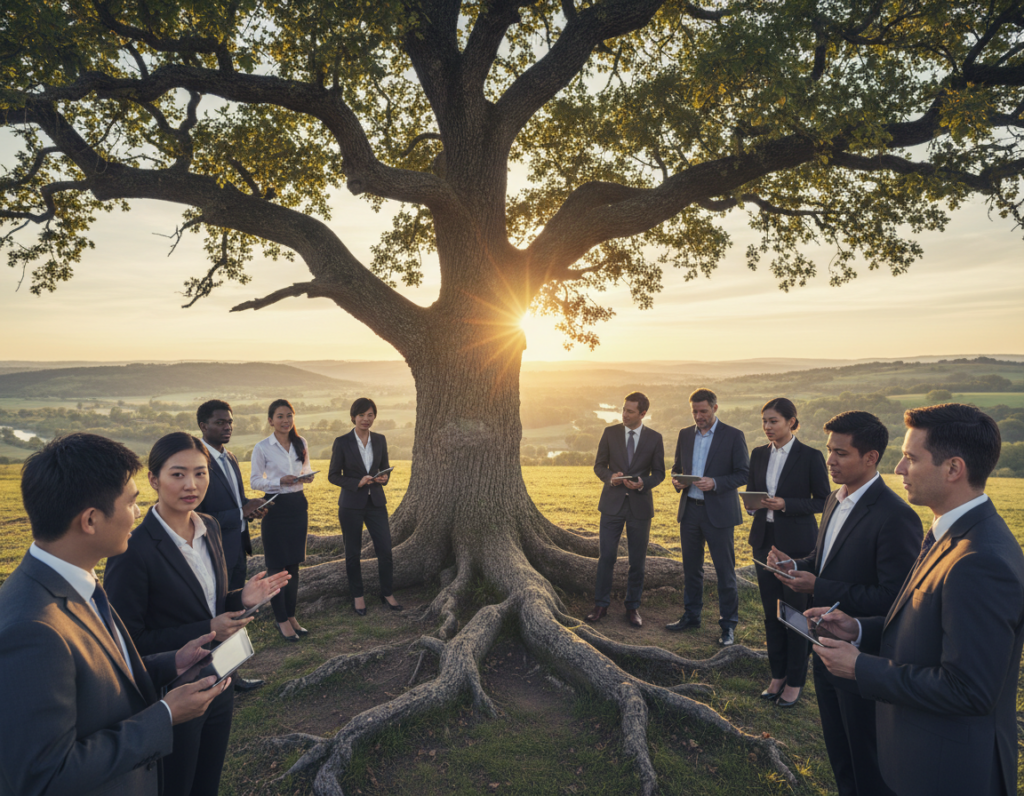 A serene landscape depicting a diverse group of professionals in business attire, gathered around a sturdy, ancient tree symbolizing resilience. In the foreground, individuals of varied ethnicities thoughtfully engage in discussion, some taking notes on digital tablets. The middle ground features the tree’s extensive roots, illustrating stability, while the background showcases a vibrant sunrise, casting warm golden light that illuminates the scene, enhancing the feeling of hope and new beginnings. The atmosphere is calm and inspirational, evoking a sense of teamwork and proactive strategy. Use a slightly elevated angle to capture the collective focus on the tree, emphasizing its central role in the concept of building resilience in professional environments.