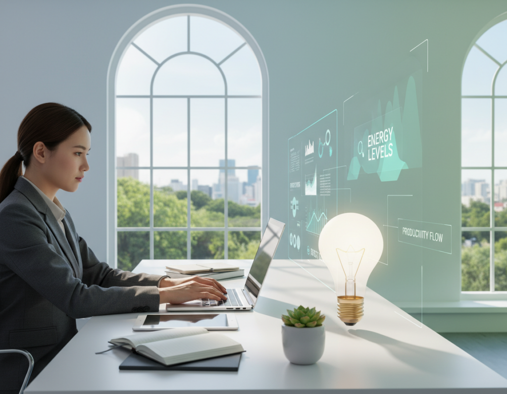 A serene office environment illustrating energy management in productivity. In the foreground, a professional individual in business attire works intently at a sleek desk, surrounded by organized materials like notebooks, a laptop, and a small plant for a touch of nature. The middle section features charts and graphs reflecting energy levels and productivity, juxtaposed against a softly glowing light bulb symbolizing innovative ideas. In the background, large windows allow natural light to filter in, illuminating the space and creating a warm atmosphere with a gentle gradient of soft blues and greens. The scene conveys a sense of focus, balance, and purpose, inviting viewers to grasp the importance of energy management in achieving professional goals. A serene office environment illustrating energy management in productivity. In the foreground, a professional individual in business attire works intently at a sleek desk, surrounded by organized materials like notebooks, a laptop, and a small plant for a touch of nature. The middle section features charts and graphs reflecting energy levels and productivity, juxtaposed against a softly glowing light bulb symbolizing innovative ideas. In the background, large windows allow natural light to filter in, illuminating the space and creating a warm atmosphere with a gentle gradient of soft blues and greens. The scene conveys a sense of focus, balance, and purpose, inviting viewers to grasp the importance of energy management in achieving professional goals.