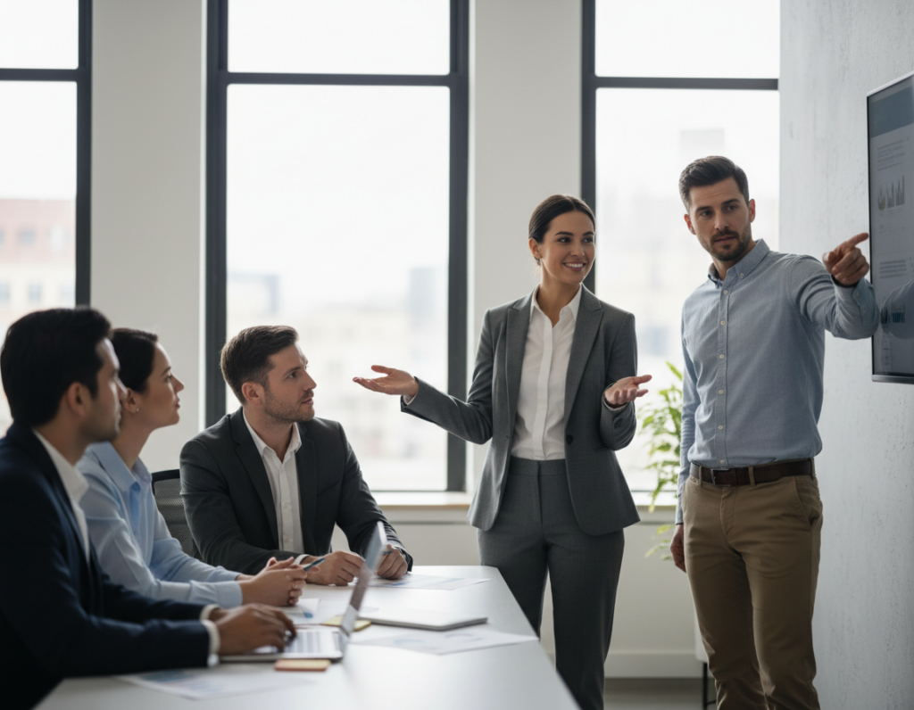 A sophisticated office setting showcasing a diverse group of business professionals engaged in a strategic discussion. In the foreground, a confident female leader, dressed in a tailored suit, uses soft influence tactics, employing open body language and an inviting smile. Beside her, a male colleague, dressed in modest business casual attire, demonstrates hard influence tactics, pointing to a detailed presentation on a digital screen, emphasizing a firm yet persuasive stance. In the middle ground, other team members, reflective of varying backgrounds, attentively observe and interact, capturing a balance of collaboration and authority. The background features large windows with natural light pouring in, setting a warm yet focused atmosphere, shot with a soft focus effect to accentuate the leaders while maintaining a professional ambiance. A sophisticated office setting showcasing a diverse group of business professionals engaged in a strategic discussion. In the foreground, a confident female leader, dressed in a tailored suit, uses soft influence tactics, employing open body language and an inviting smile. Beside her, a male colleague, dressed in modest business casual attire, demonstrates hard influence tactics, pointing to a detailed presentation on a digital screen, emphasizing a firm yet persuasive stance. In the middle ground, other team members, reflective of varying backgrounds, attentively observe and interact, capturing a balance of collaboration and authority. The background features large windows with natural light pouring in, setting a warm yet focused atmosphere, shot with a soft focus effect to accentuate the leaders while maintaining a professional ambiance.