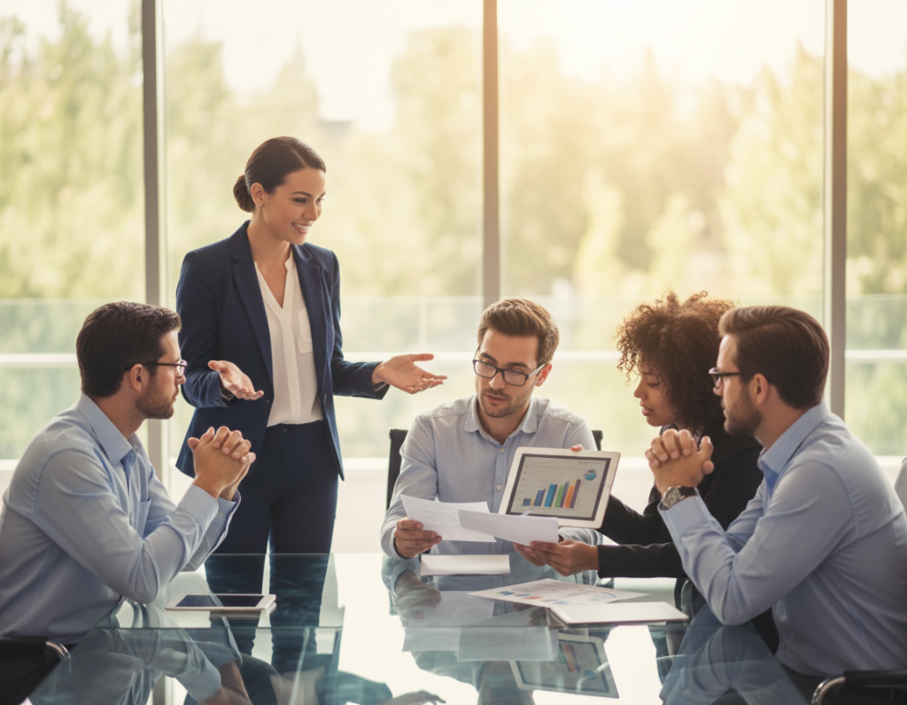 In a modern office setting, a diverse group of professionals engaged in a transparent discussion around a conference table. In the foreground, a confident woman in a smart blazer presents ideas with open body language, while a focused man in business casual attire actively listens. In the middle, colleagues are sharing documents and digital tablets, illustrating collaboration and trust. The background showcases large windows with natural light flooding the room, creating a warm and inviting atmosphere. Softly blurred greenery outside adds tranquility. The overall mood is warm and collaborative, capturing the essence of overcoming barriers to workplace transparency, emphasizing connection and openness. The scene is well-lit, with a slightly elevated angle to highlight the engagement between individuals.